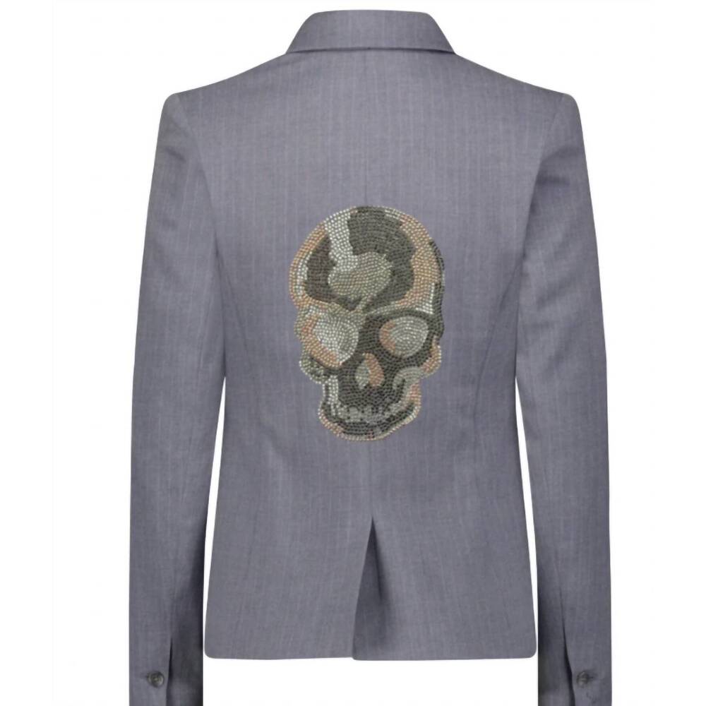 NEW HIPCHIK women's tonal crystal skull pinstripe blazer in pinstripe grey